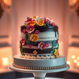 A beautifully decorated cake with multi-layer icing, intricate floral designs made of fondant, and colorful edible accents