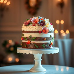 A beautifully decorated cake with multi-layer icing, intricate floral designs made of fondant, and colorful edible accents