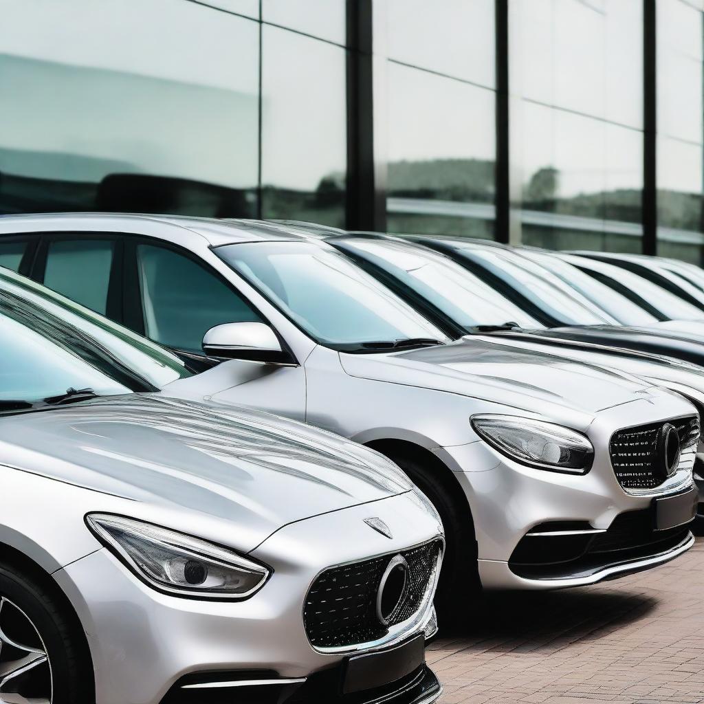 A sleek, modern car rental service, with shiny and clean vehicles lined up ready for hire