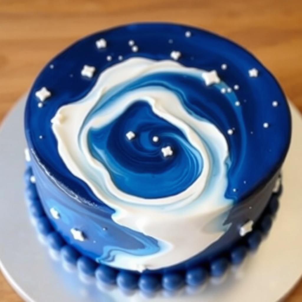 A beautifully designed cake with a galaxy theme featuring dark blue and white colors