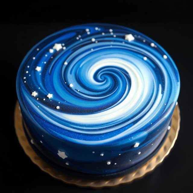 A beautifully designed cake with a galaxy theme featuring dark blue and white colors
