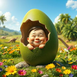 A whimsical scene depicting a large green dinosaur egg that has cracked open at the top