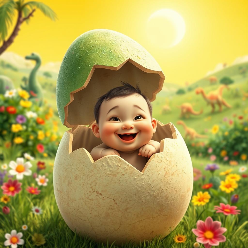 A whimsical scene depicting a large green dinosaur egg that has cracked open at the top