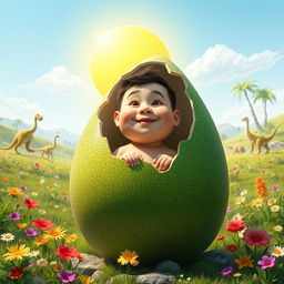 A whimsical scene depicting a large green dinosaur egg that has cracked open at the top