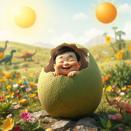 A whimsical scene depicting a large green dinosaur egg that has cracked open at the top