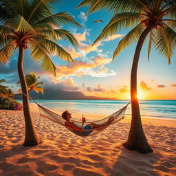 An idyllic paradise setting featuring a lush tropical beach with golden sands and crystal-clear turquoise waters