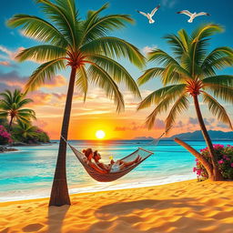 An idyllic paradise setting featuring a lush tropical beach with golden sands and crystal-clear turquoise waters