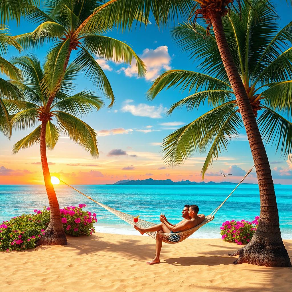 An idyllic paradise setting featuring a lush tropical beach with golden sands and crystal-clear turquoise waters