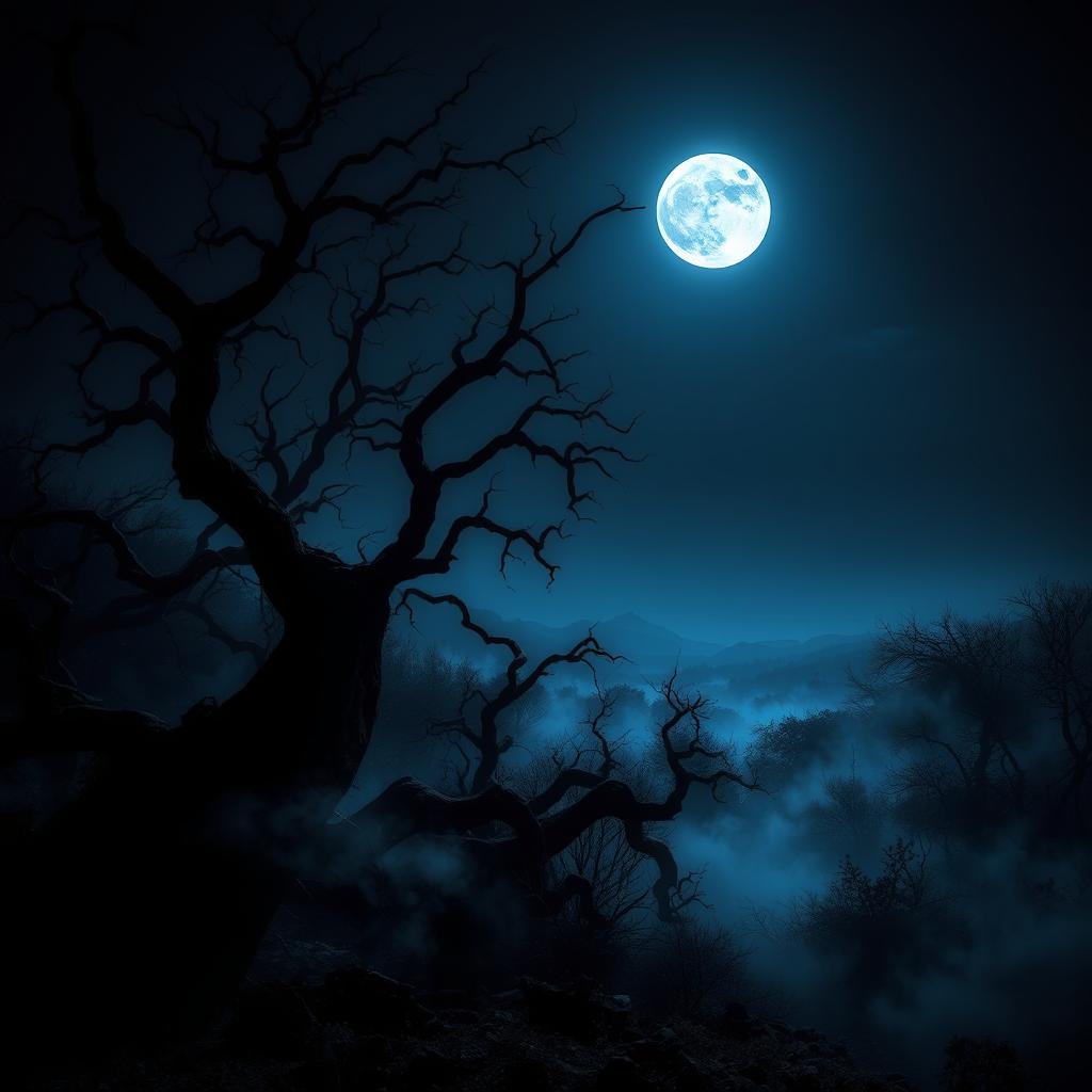 A surreal landscape shrouded in darkness, featuring twisted trees with gnarled branches and an eerie mist rising from the ground
