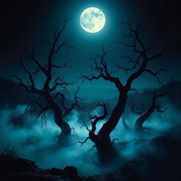 A surreal landscape shrouded in darkness, featuring twisted trees with gnarled branches and an eerie mist rising from the ground