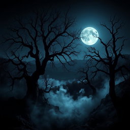 A surreal landscape shrouded in darkness, featuring twisted trees with gnarled branches and an eerie mist rising from the ground