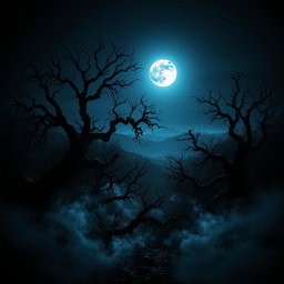 A surreal landscape shrouded in darkness, featuring twisted trees with gnarled branches and an eerie mist rising from the ground