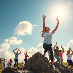 An inspirational scene depicting diverse individuals reaching for their goals, set against a bright, motivational landscape