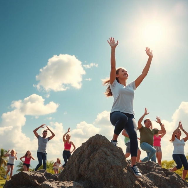 An inspirational scene depicting diverse individuals reaching for their goals, set against a bright, motivational landscape