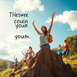 An inspirational scene depicting diverse individuals reaching for their goals, set against a bright, motivational landscape