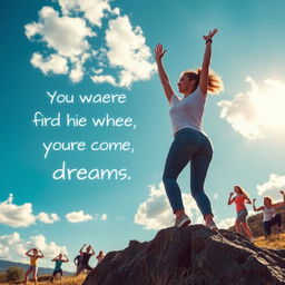 An inspirational scene depicting diverse individuals reaching for their goals, set against a bright, motivational landscape