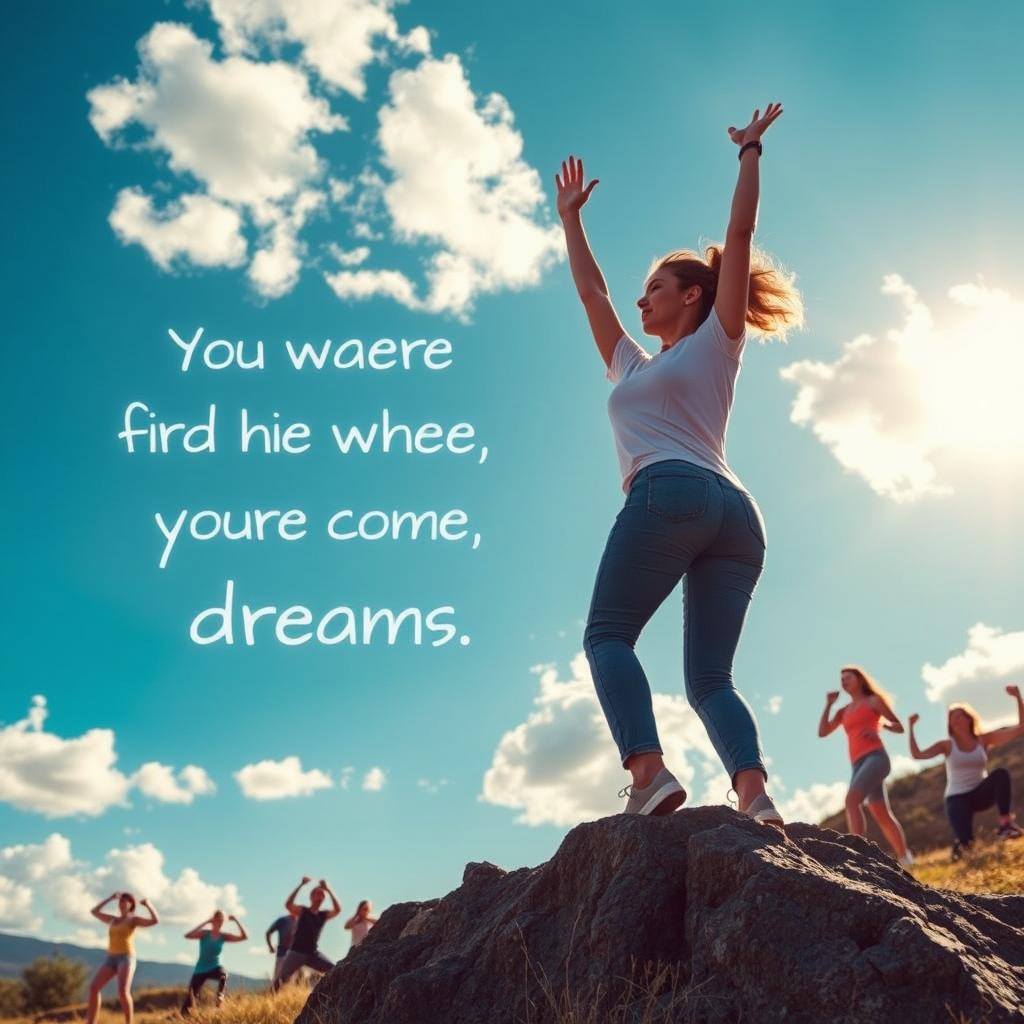 An inspirational scene depicting diverse individuals reaching for their goals, set against a bright, motivational landscape