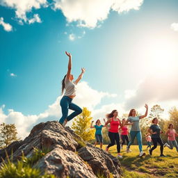 An inspirational scene depicting diverse individuals reaching for their goals, set against a bright, motivational landscape