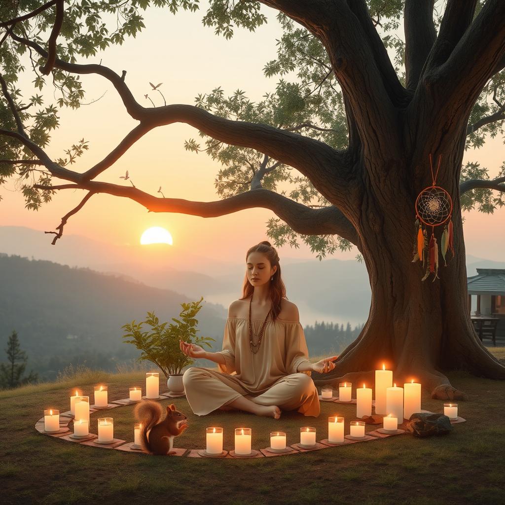 A serene boho-inspired scene featuring a person meditating peacefully under a large, lush tree