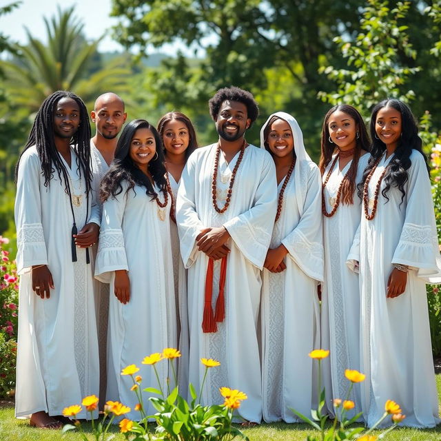 A group of ethnically diverse individuals wearing white robes with intricate patterns, standing confidently together in a serene outdoor setting