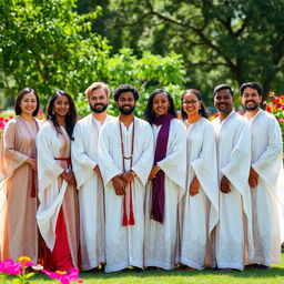 A group of ethnically diverse individuals wearing white robes with intricate patterns, standing confidently together in a serene outdoor setting