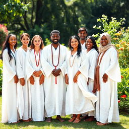 A group of ethnically diverse individuals wearing white robes with intricate patterns, standing confidently together in a serene outdoor setting