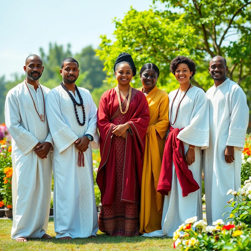 A group of ethnically diverse individuals wearing white robes with intricate patterns, standing confidently together in a serene outdoor setting