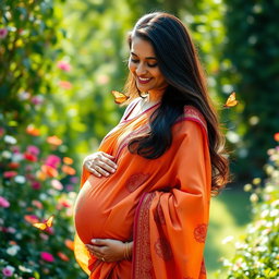 A beautiful Indian woman with a radiant pregnancy glow, gently cradling her baby bump with a warm smile