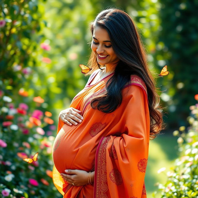 A beautiful Indian woman with a radiant pregnancy glow, gently cradling her baby bump with a warm smile
