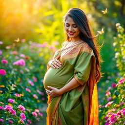 A beautiful Indian woman with a radiant pregnancy glow, gently cradling her baby bump with a warm smile