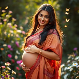 A beautiful Indian woman with a radiant pregnancy glow, gently cradling her baby bump with a warm smile