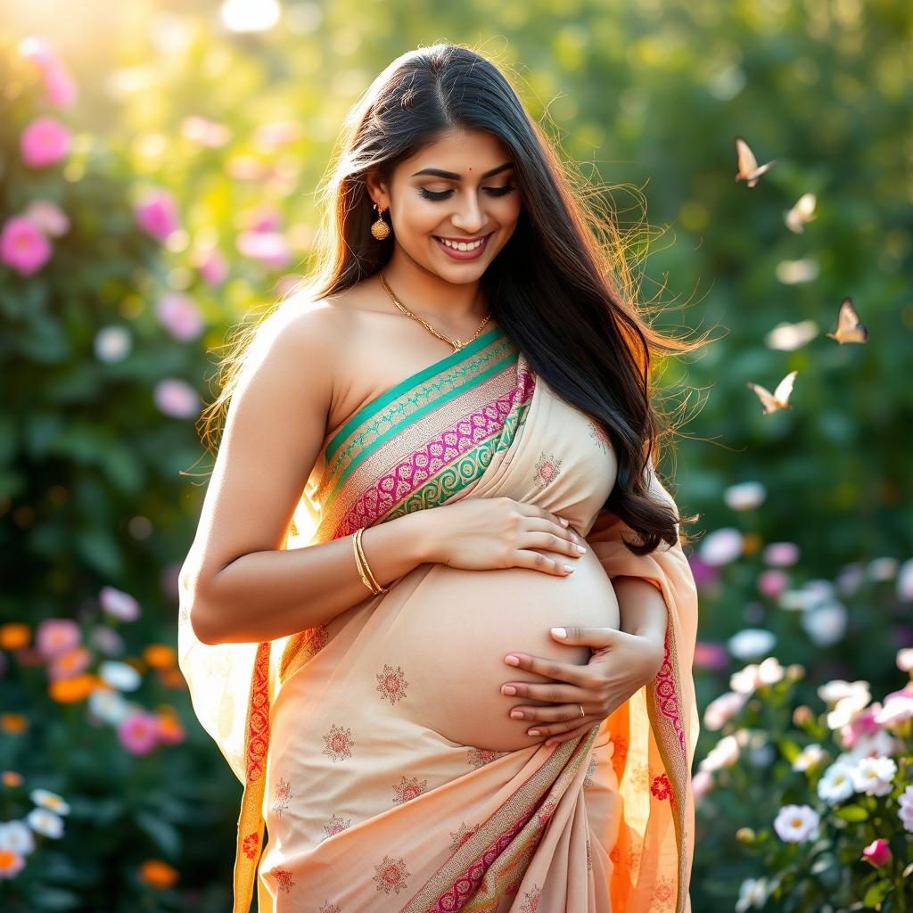 A beautiful Indian woman with a radiant pregnancy glow, gently cradling her baby bump with a warm smile