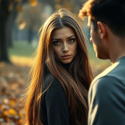 A woman with long, flowing brown hair looking back at her boyfriend with a sad and disappointed expression on her face