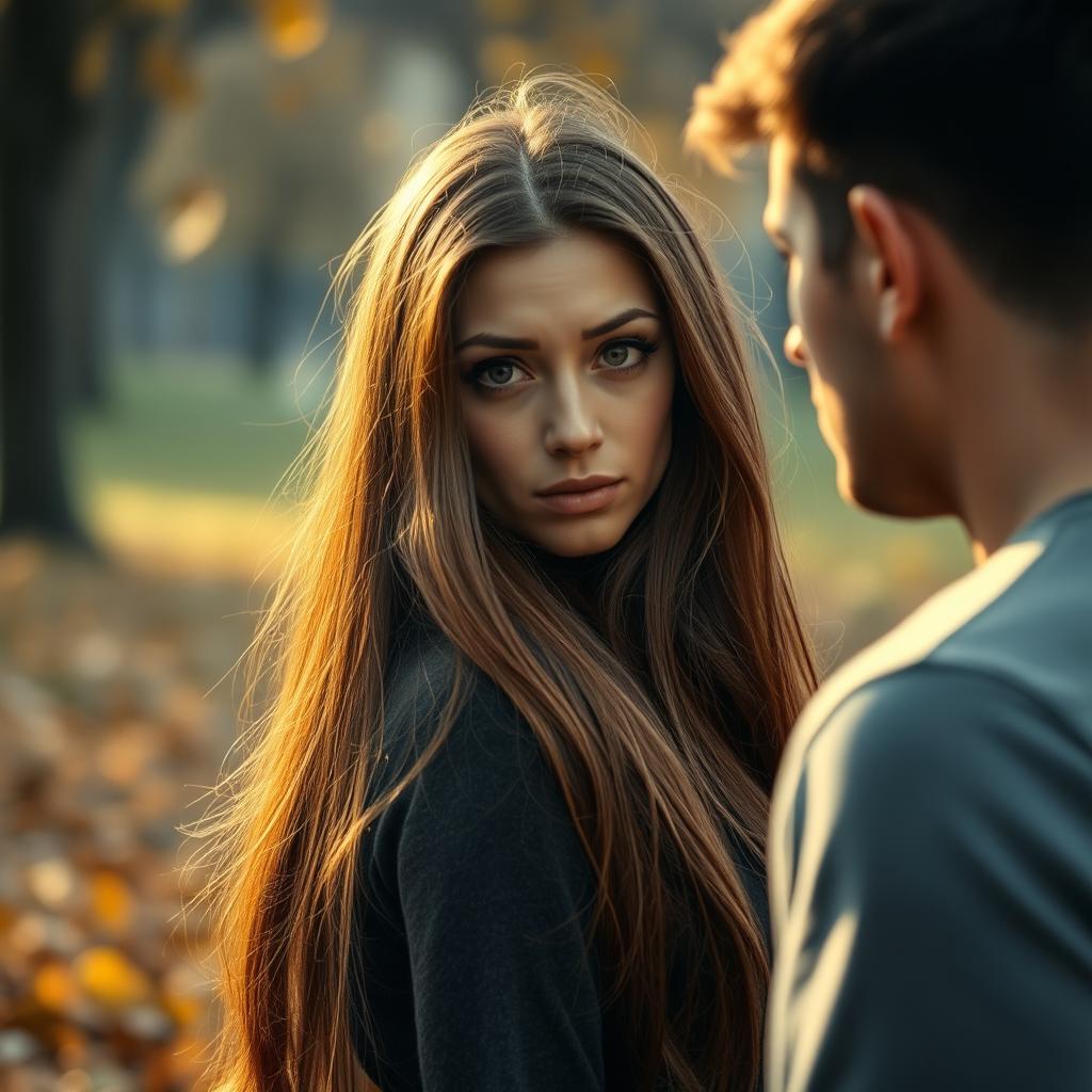 A woman with long, flowing brown hair looking back at her boyfriend with a sad and disappointed expression on her face