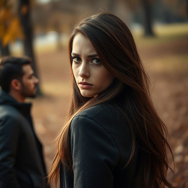 A woman with long, flowing brown hair looking back at her boyfriend with a sad and disappointed expression on her face