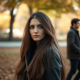 A woman with long, flowing brown hair looking back at her boyfriend with a sad and disappointed expression on her face