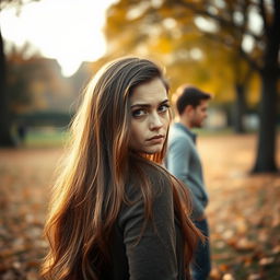 A woman with long, flowing brown hair looking back at her boyfriend with a sad and disappointed expression on her face