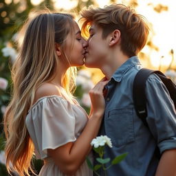 A romantic scene featuring a girl gently kissing the lips of a boy