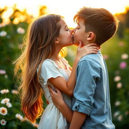 A romantic scene featuring a girl gently kissing the lips of a boy
