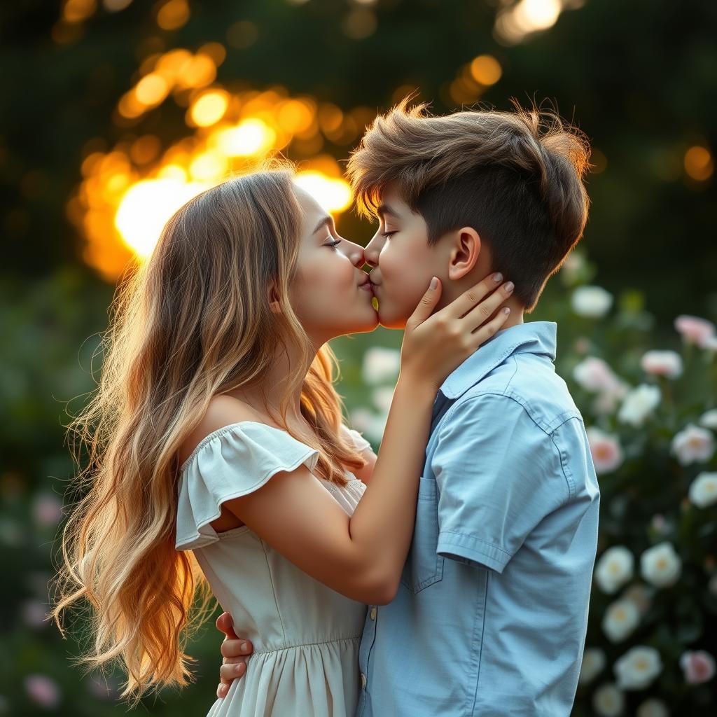 A romantic scene featuring a girl gently kissing the lips of a boy