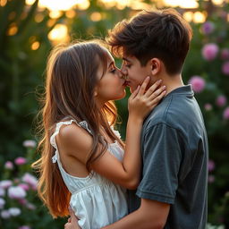 A romantic scene featuring a girl gently kissing the lips of a boy