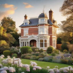 A Victorian style house with a large garden in full bloom bathed in the gentle light of a setting sun