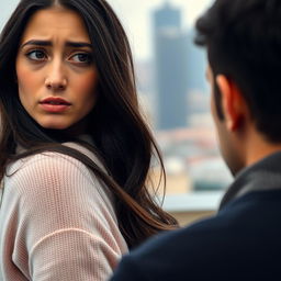 A woman looking back at her boyfriend with a sad and disappointed expression on her face