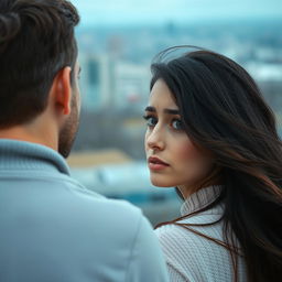 A woman looking back at her boyfriend with a sad and disappointed expression on her face