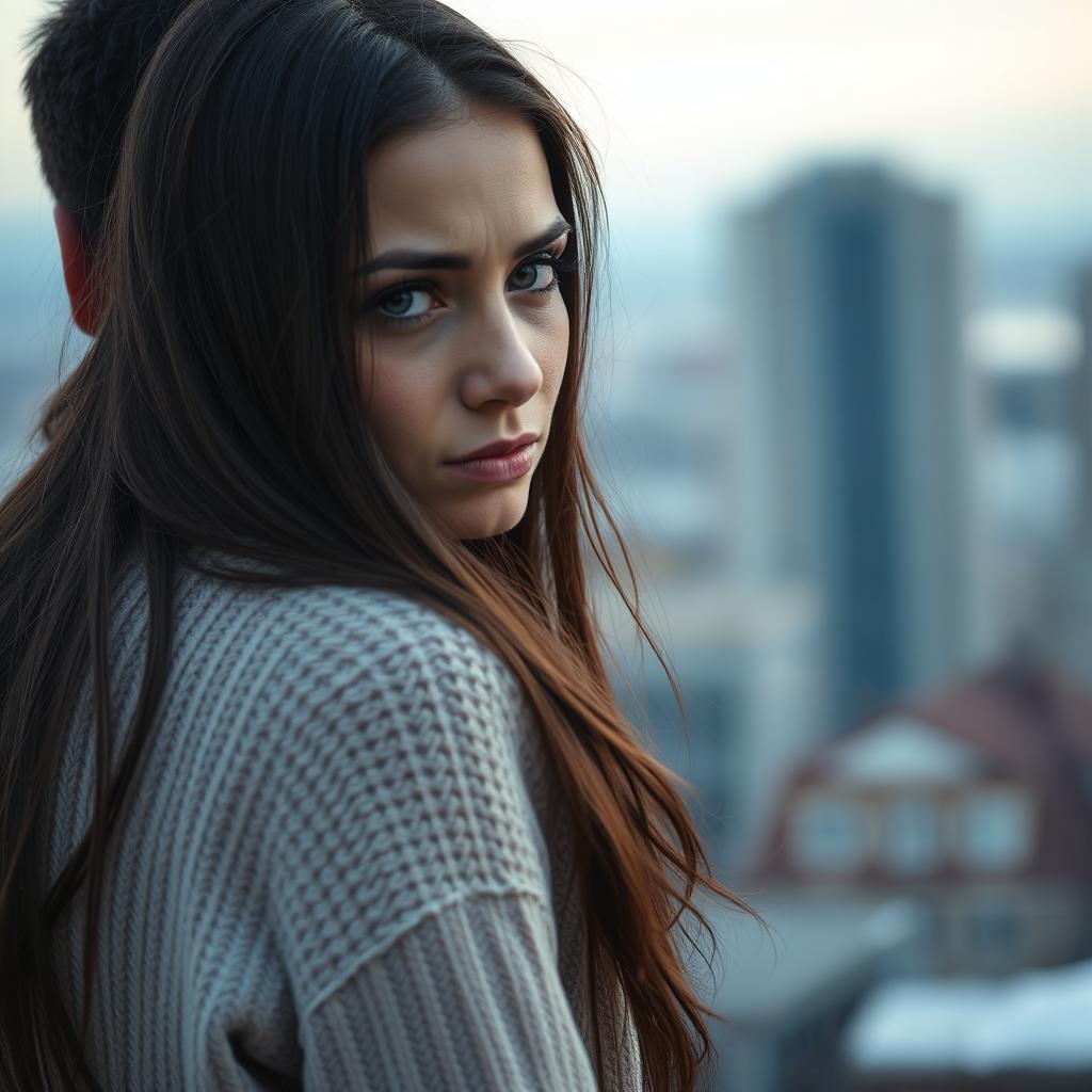 A woman looking back at her boyfriend with a sad and disappointed expression on her face