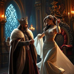 A majestic scene depicting a king observing a beautiful, confident woman dancing gracefully