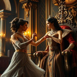 A majestic scene depicting a king observing a beautiful, confident woman dancing gracefully
