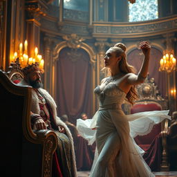 A majestic scene depicting a king observing a beautiful, confident woman dancing gracefully