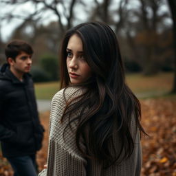 A woman looking back at her boyfriend with a sad and disappointed expression on her face