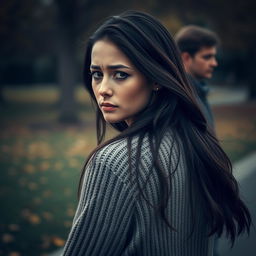 A woman looking back at her boyfriend with a sad and disappointed expression on her face